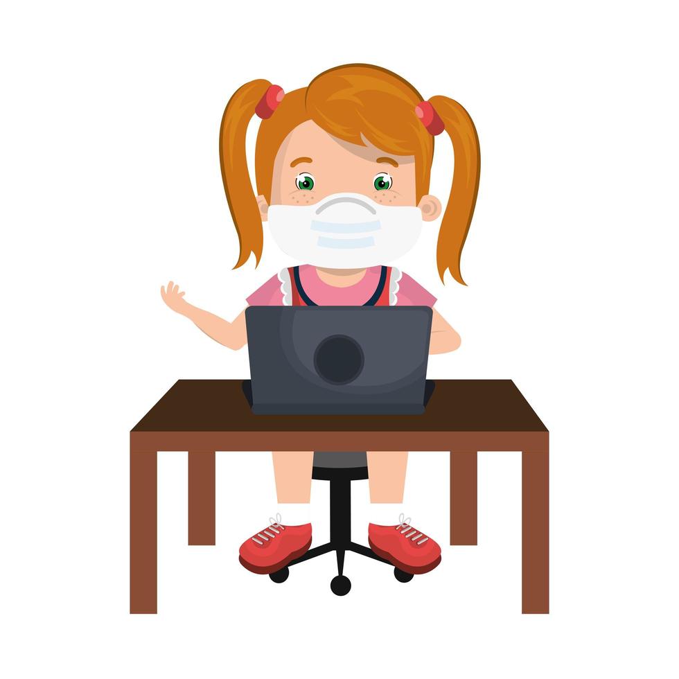 girl using face mask with laptop studying online vector