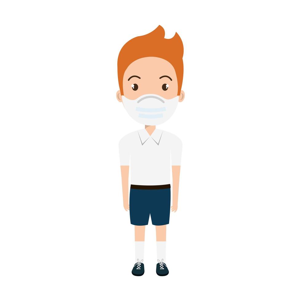 cute boy student using face mask isolated icon vector