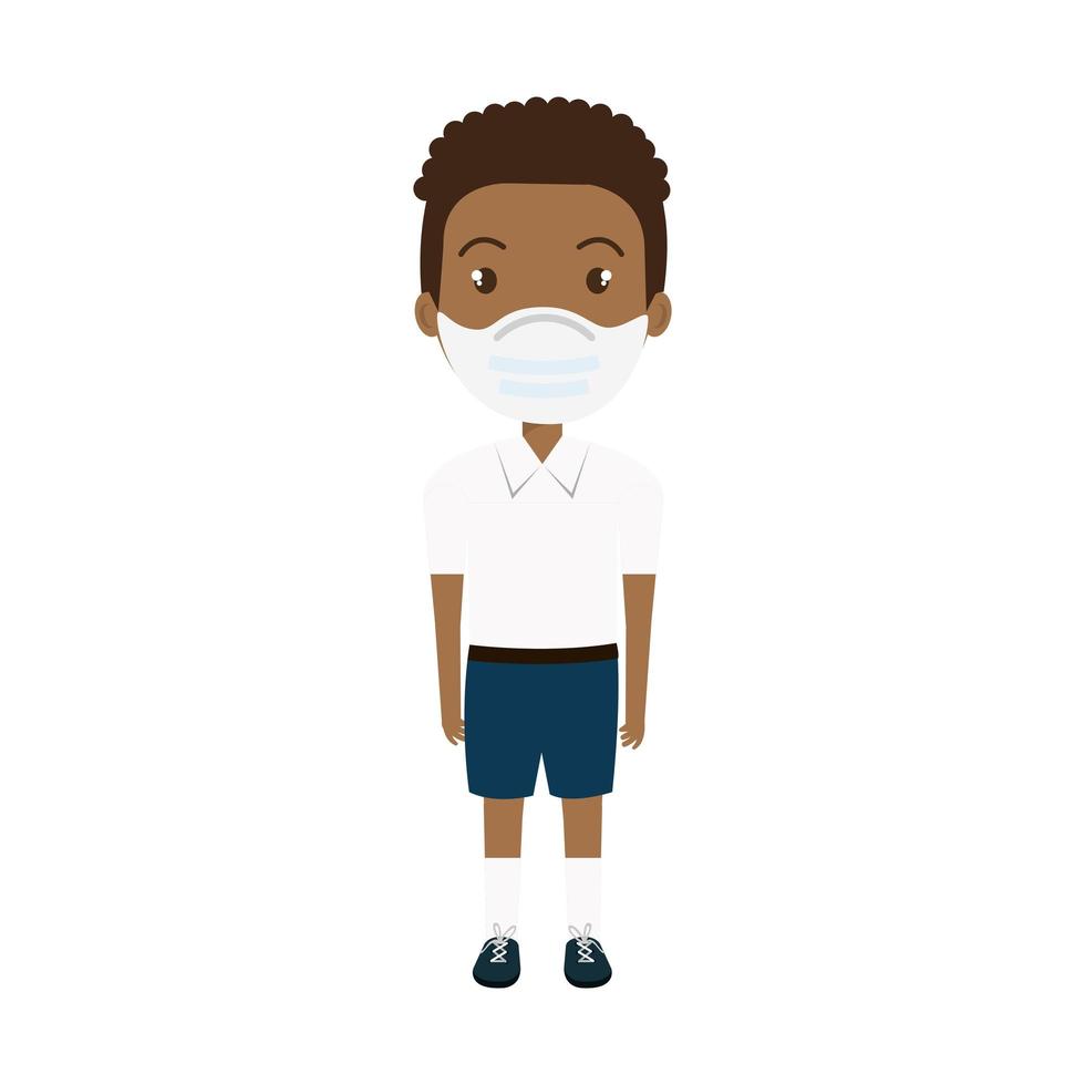 lindo chico afro estudiante usando máscara facial icono aislado vector