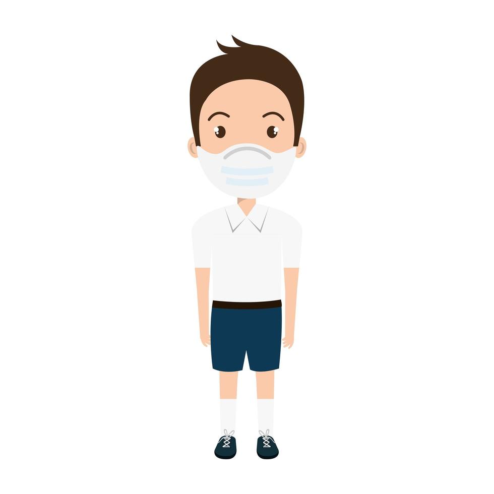 cute boy student using face mask isolated icon vector