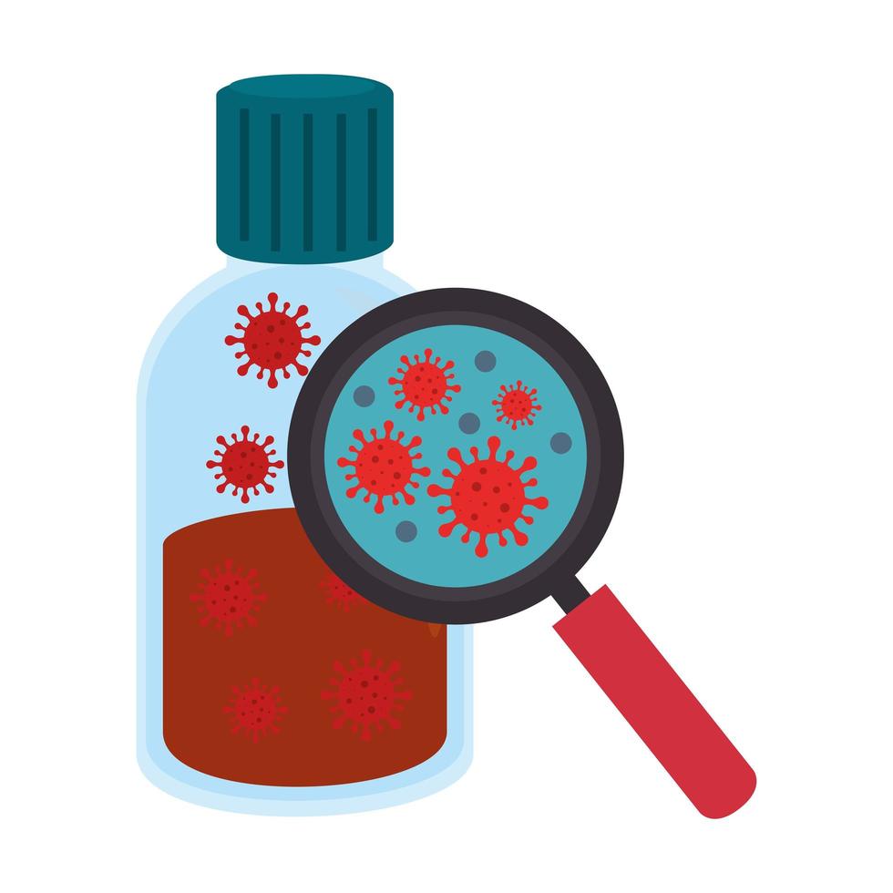 botella con prueba de partículas covid 19 y lupa vector