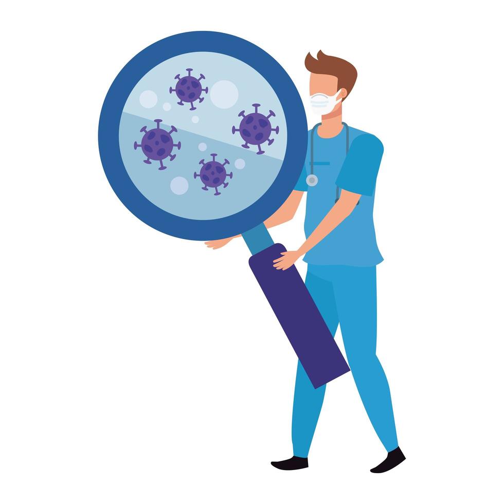paramedic and magnifying glass with particles covid 19 vector