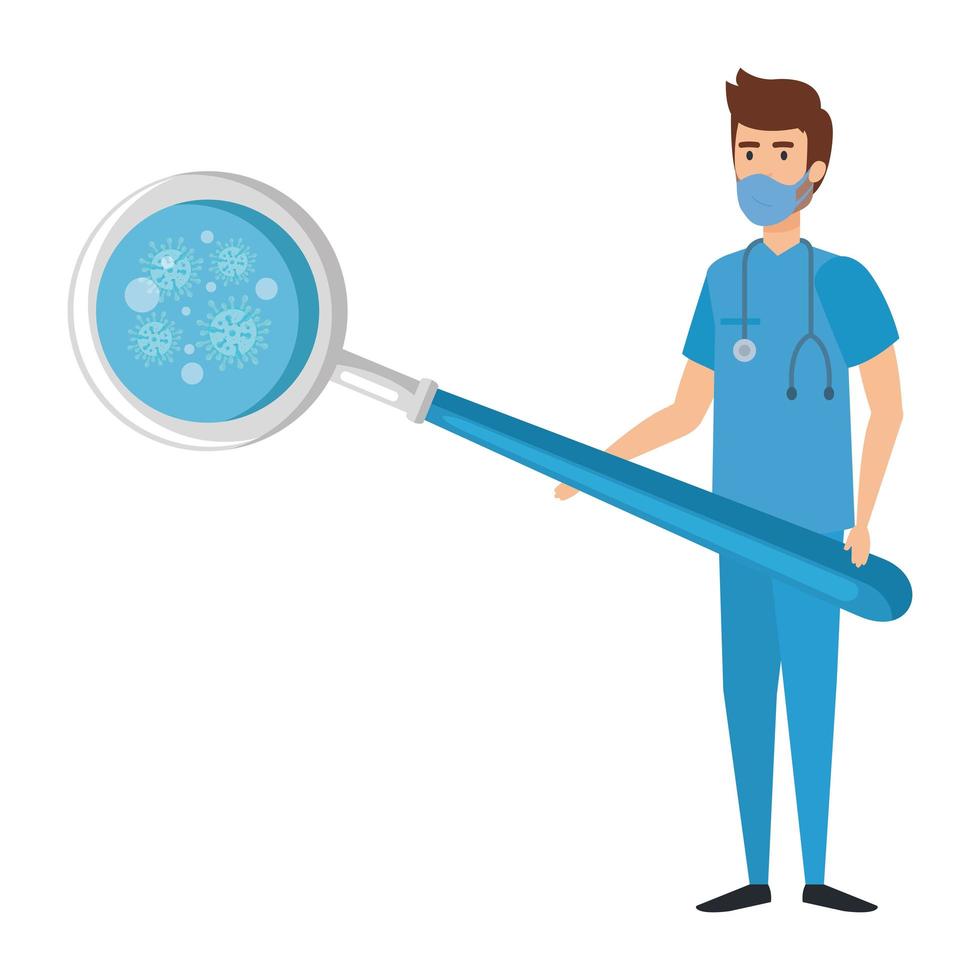 paramedic and magnifying glass with particles covid 19 vector