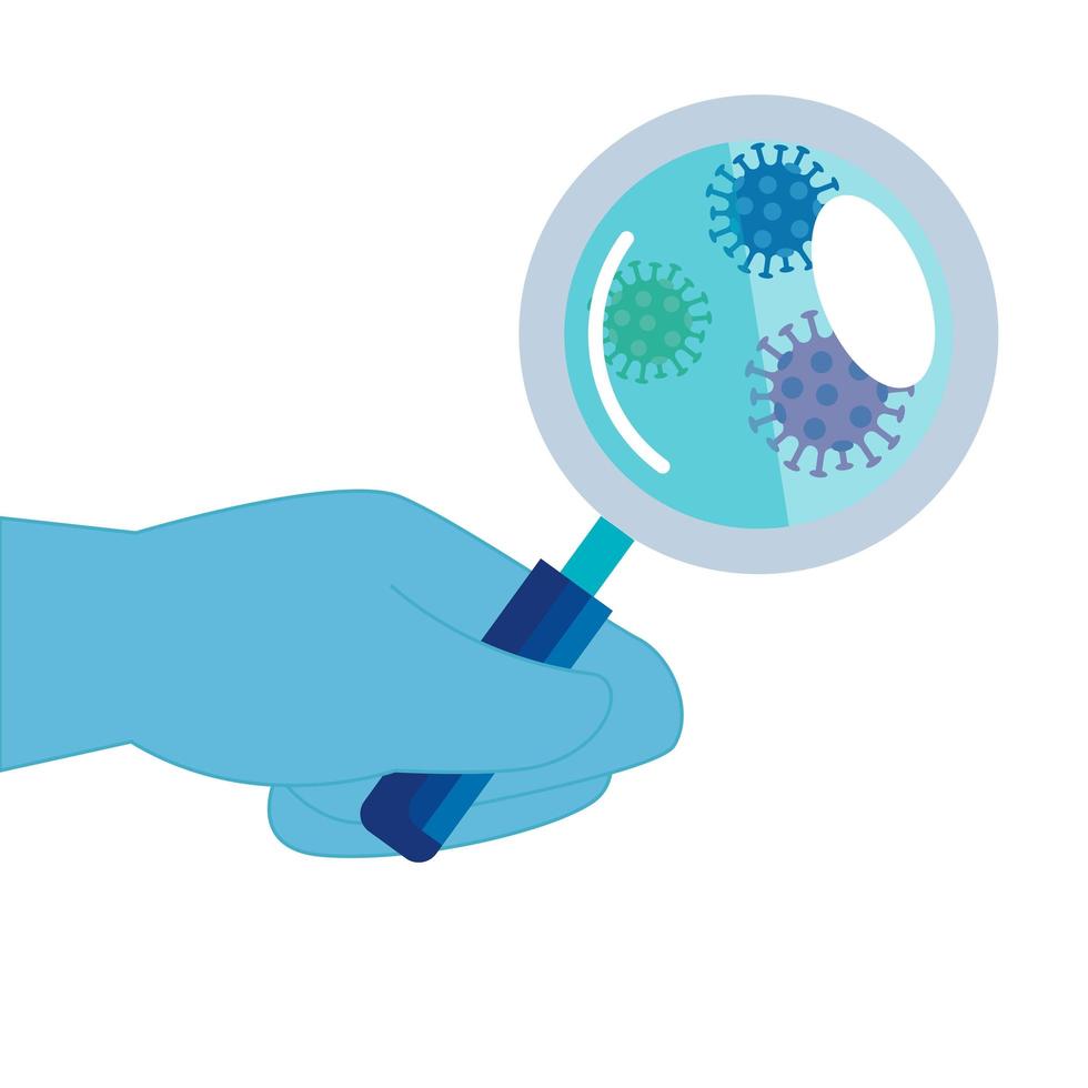 hand and magnifying glass with particles covid 19 vector