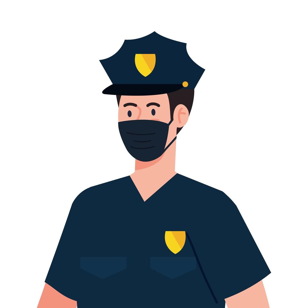 policeman using face mask during covid 19 on white background vector