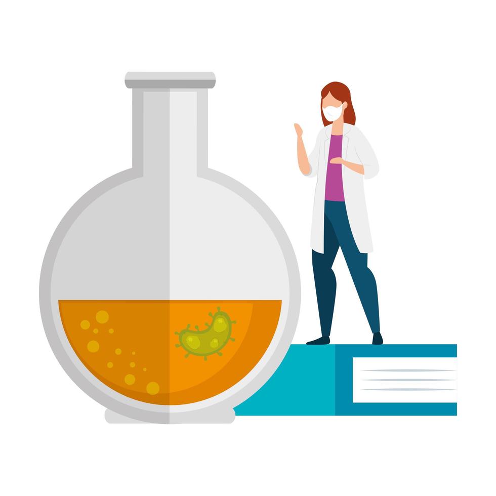 doctor female and tube test with particles covid 19 icon vector