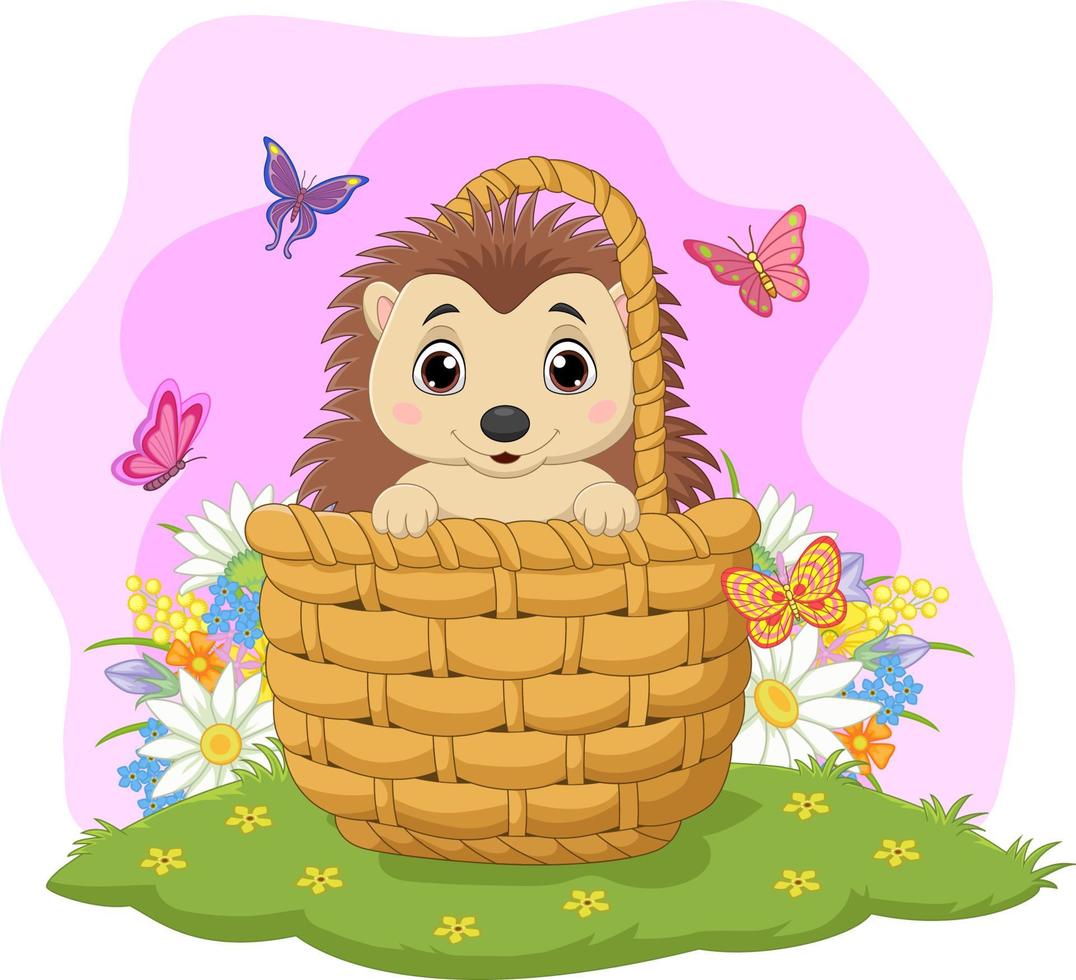 Cartoon baby hedgehog sitting in a basket vector