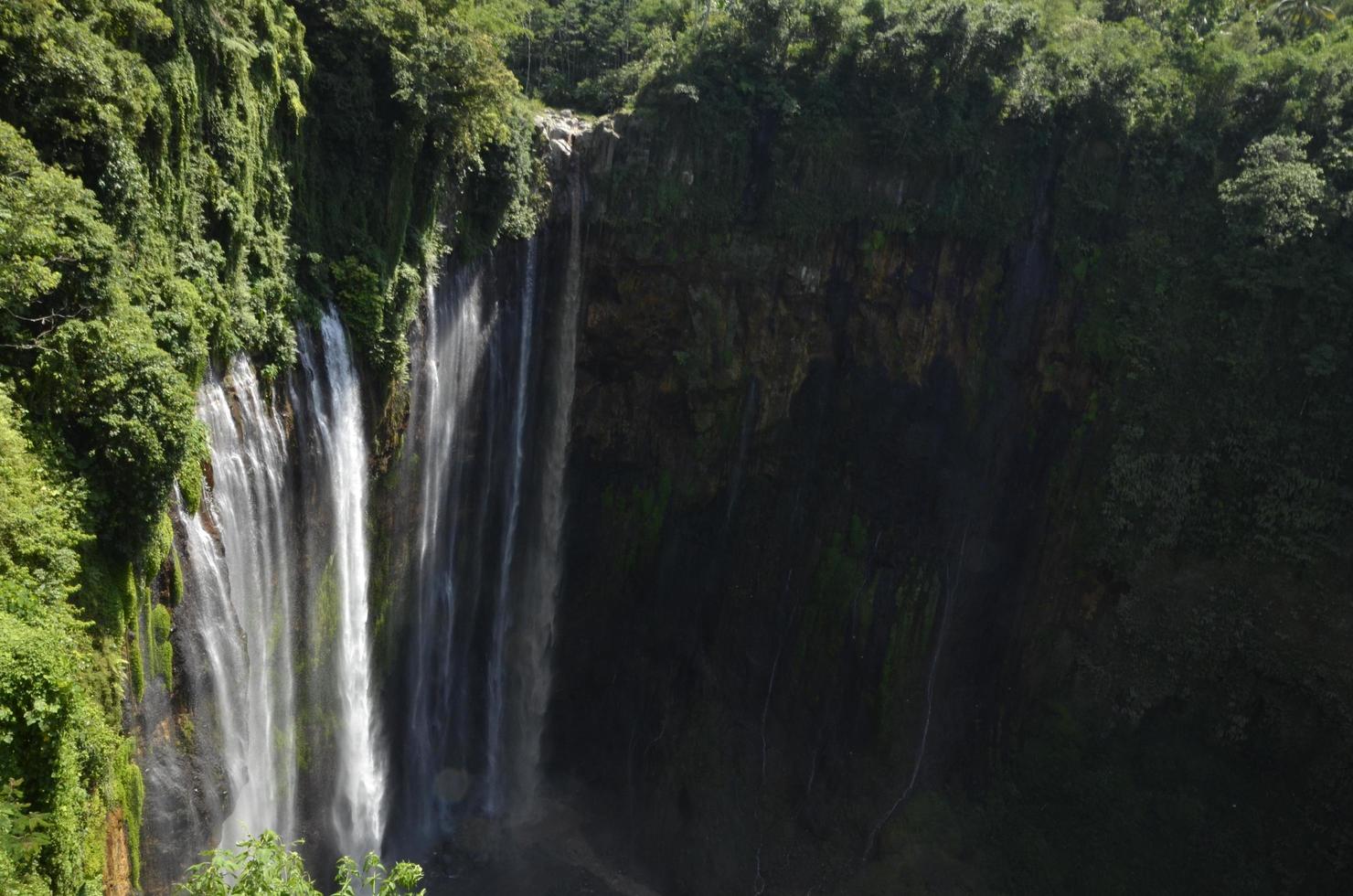scenery of the waterfall from the above. tropical and summer background theme. Location at Tumpak Sewu Waterfall, Indonesia photo