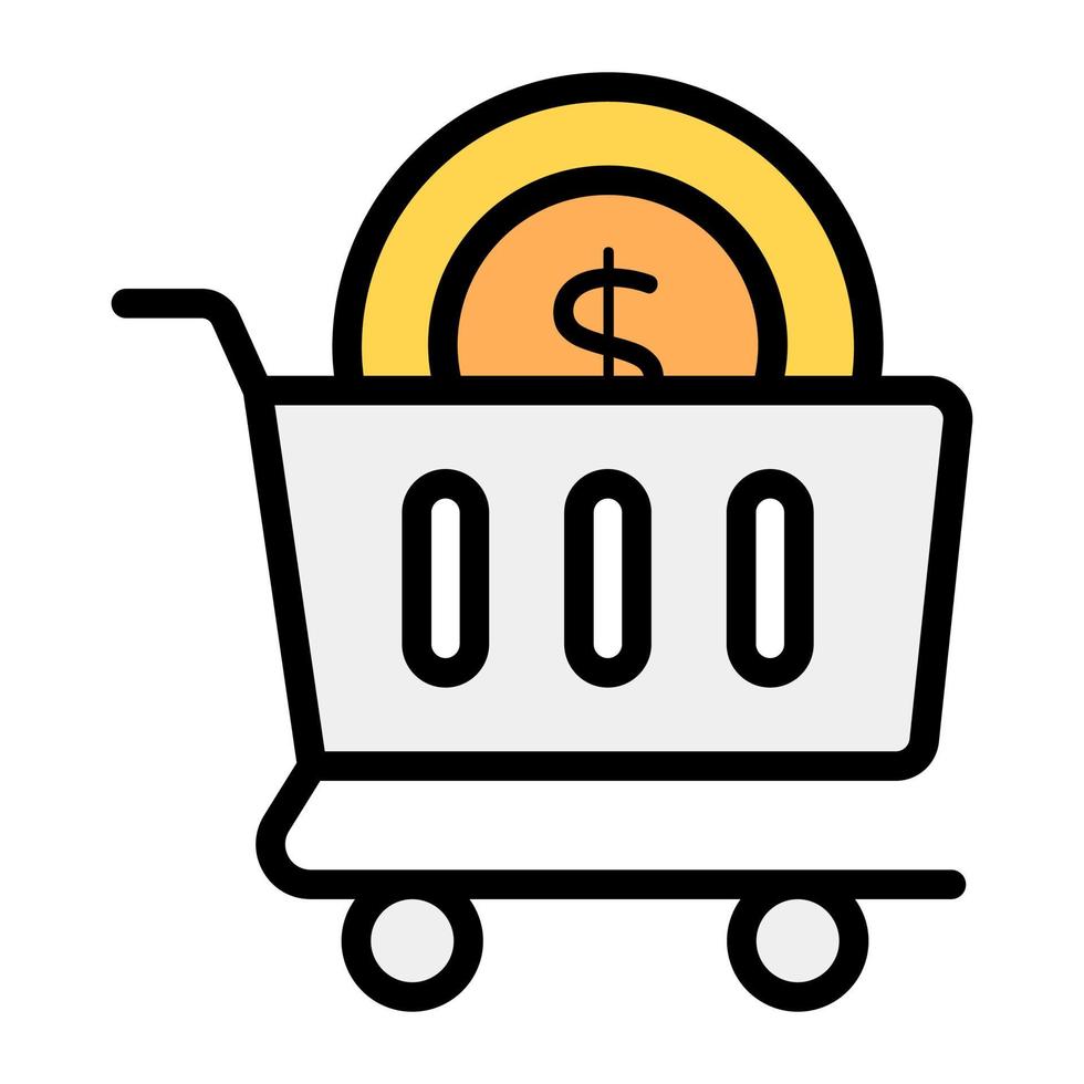 Coin inside trolley, flat icon of money shopping vector