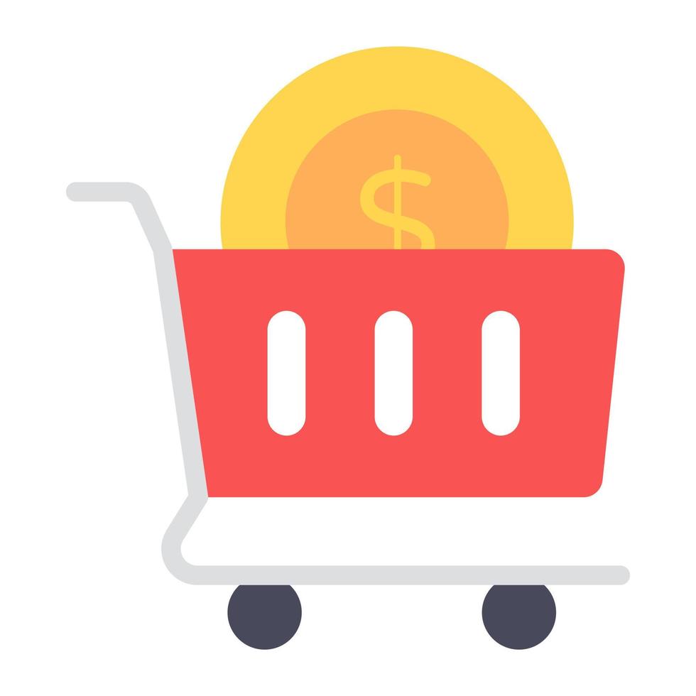 Coin inside trolley, flat icon of money shopping vector