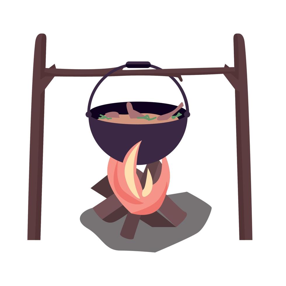 Campfire with boiling cauldron semi flat color vector object