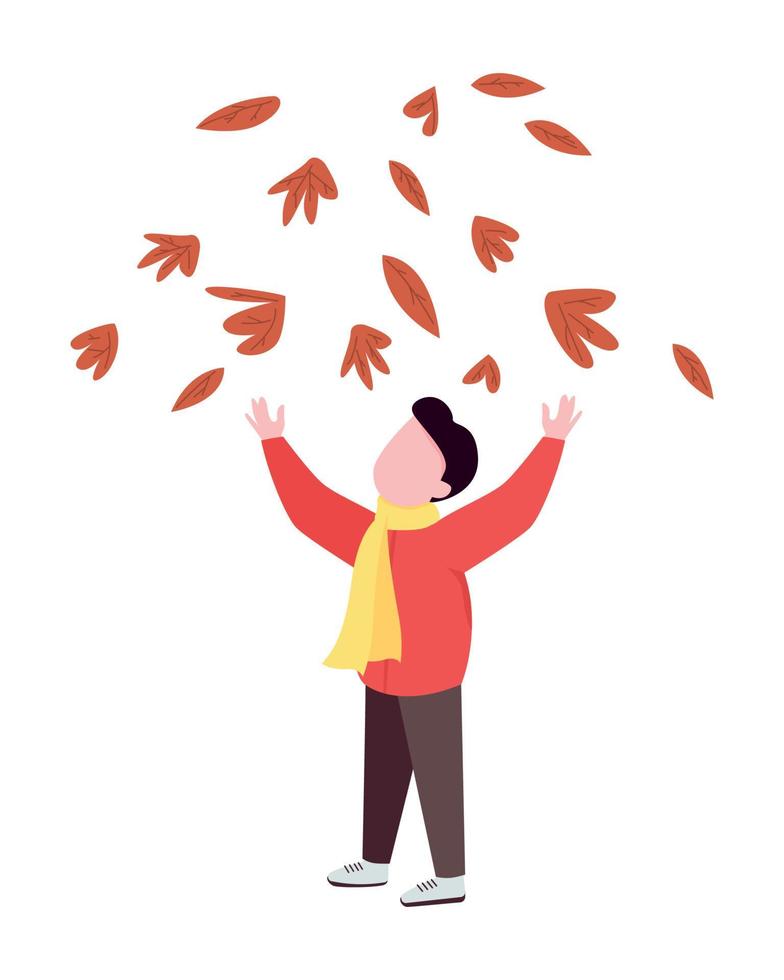 Boy throwing leaves semi flat color vector character