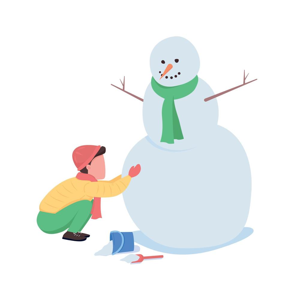 niño edificio muñeco de nieve semi plano color vector carácter