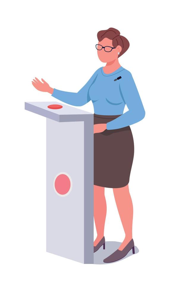 Woman at stand on debate semi flat color vector character