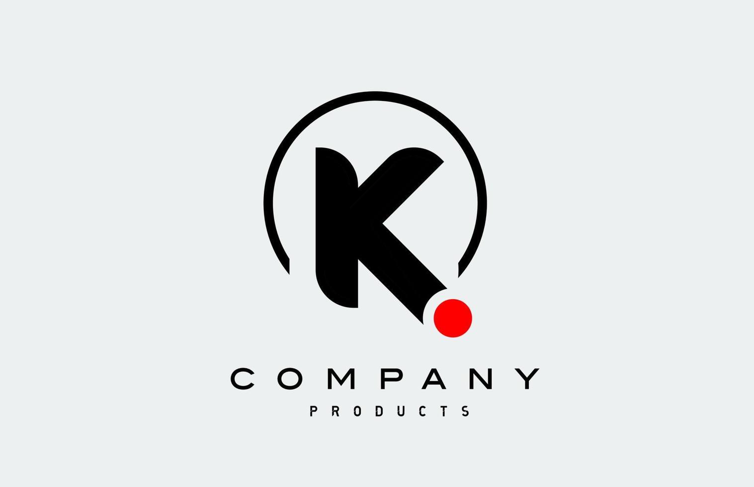 K black white alphabet logo letter icon with circle and red dot vector