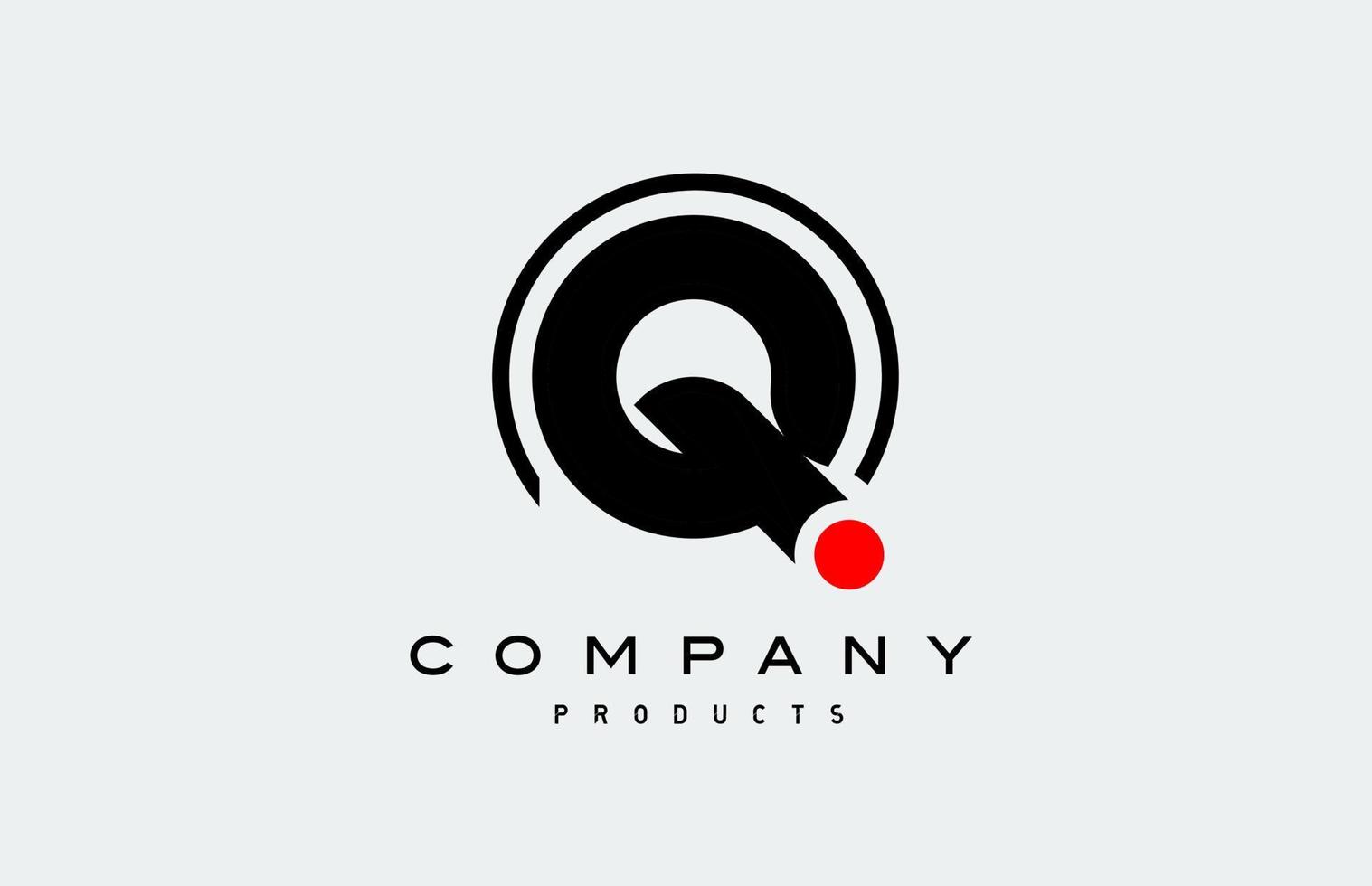 Q black white alphabet logo letter icon with circle and red dot vector