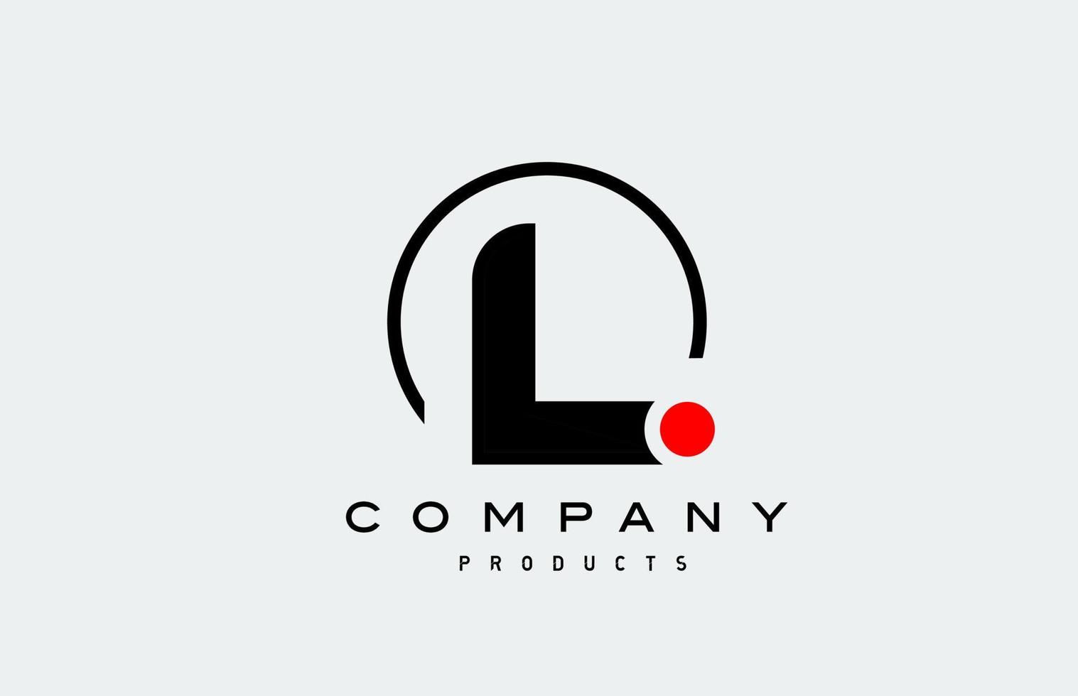 L black white alphabet logo letter icon with circle and red dot vector