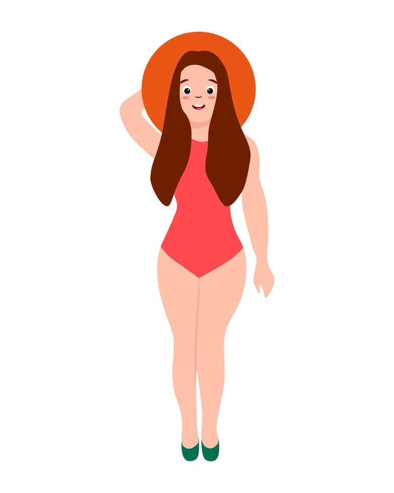 atractiva mujer joven aislada en blanco plano colorido ilustración figura delgada personaje en traje de baño con sombrero playa vector