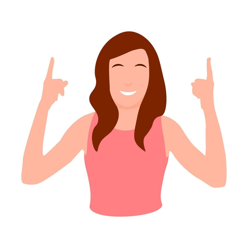 Young woman character flat style illustration isolated on white finger up gesture cheerful smiling face vector