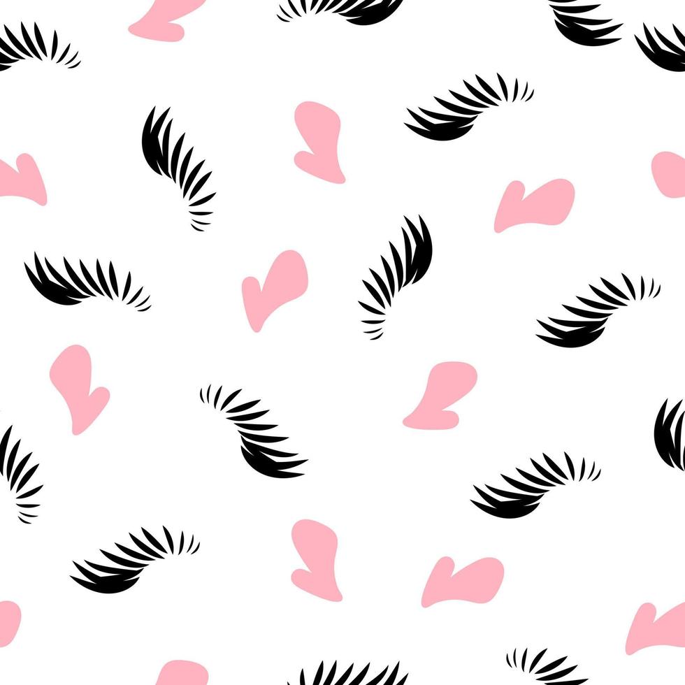 Seamless pattern black long eyelashes and pink heart shape wallpaper illustration background cosmetic beauty vector card