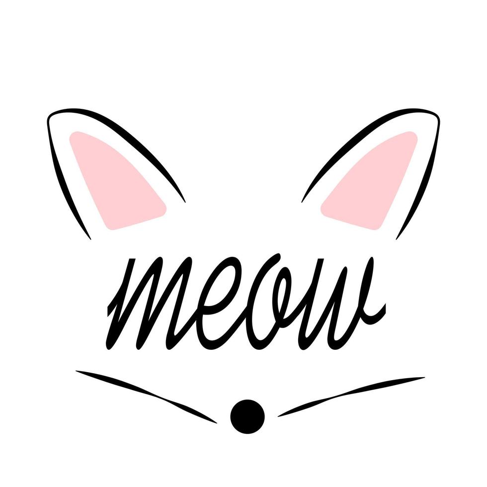 Meow word cat animal ears isolated on white background flat lifestyle illustration girls glamour trendy pink and black doodle vector