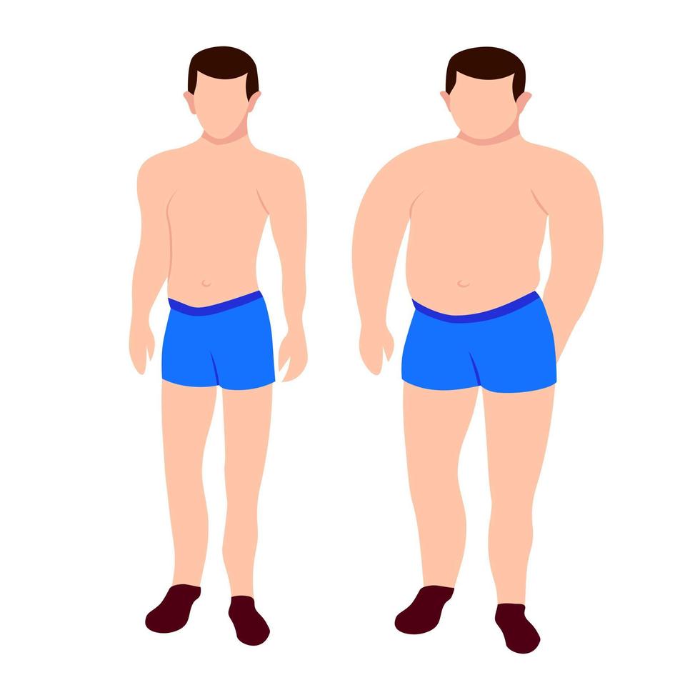 personaje masculino aislado icono de personas humanas planas en altura completa. persona hombre con exceso de peso, figura deportiva delgada a dieta vector