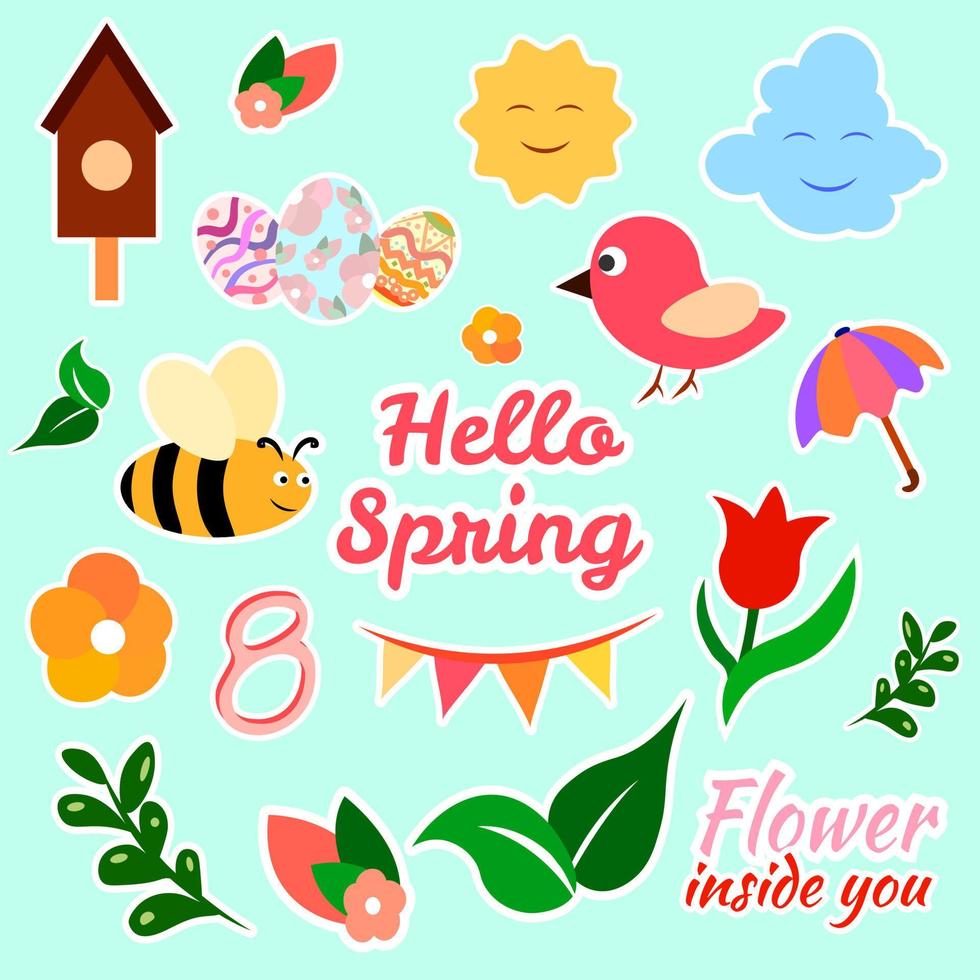 Spring set flat cartoon collection of isolated design elements colorful stickers childish style flowers bee bird Easter eggs sun and cloud funny illustration vector