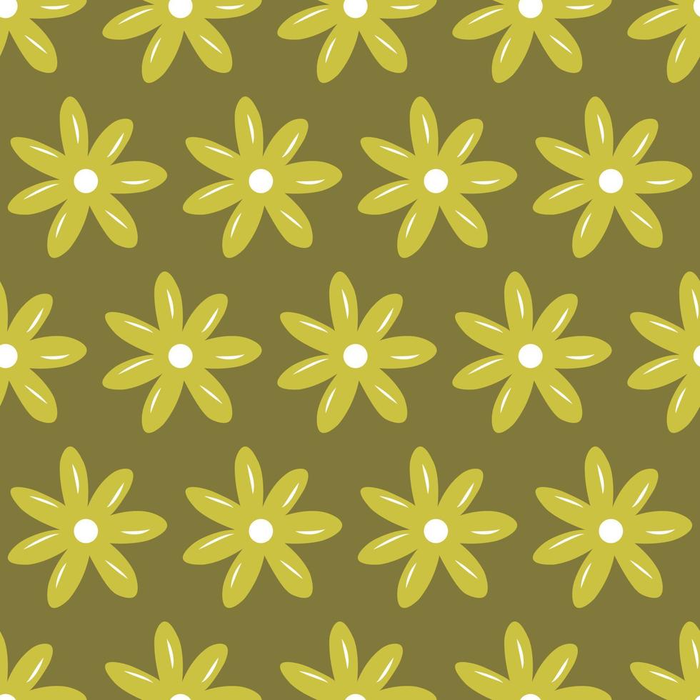 Simple floral seamless camomile flower pattern vector illustration olive color flat botanical green fabric print