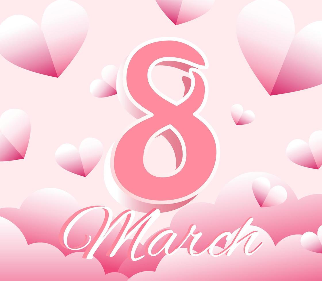 8 march greeting card lettering heaven clouds heart shape modern illustration romantic pink background vector