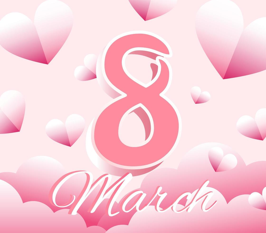 8 de marzo tarjeta de felicitación letras cielo nubes forma de corazón ilustración moderna fondo rosa romántico vector