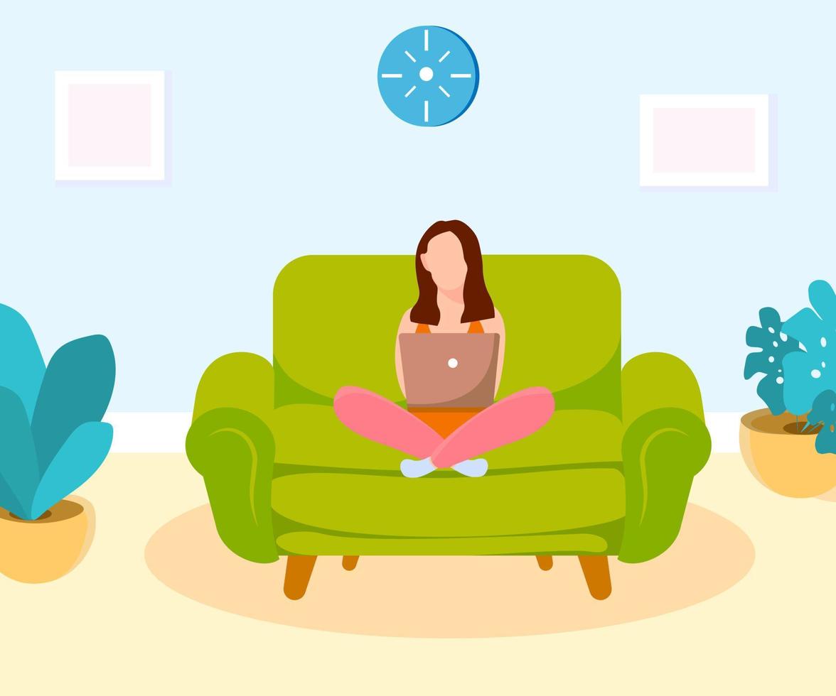 Young woman character sitting on sofa lotus pose asana working online freelance notebook colorful flat illustration home office interior vector