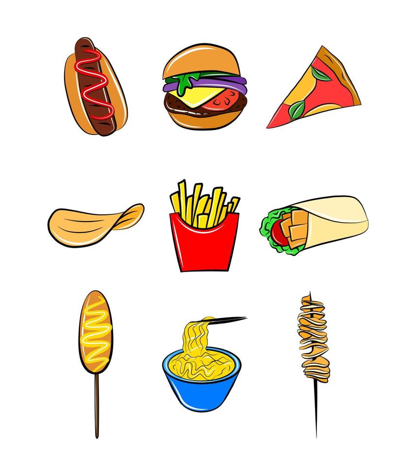 comida rápida conjunto de iconos garabato dibujos animados vector imágenes prediseñadas gráfico decoración elemento perrito caliente maíz hamburguesa carne pizza papas fritas