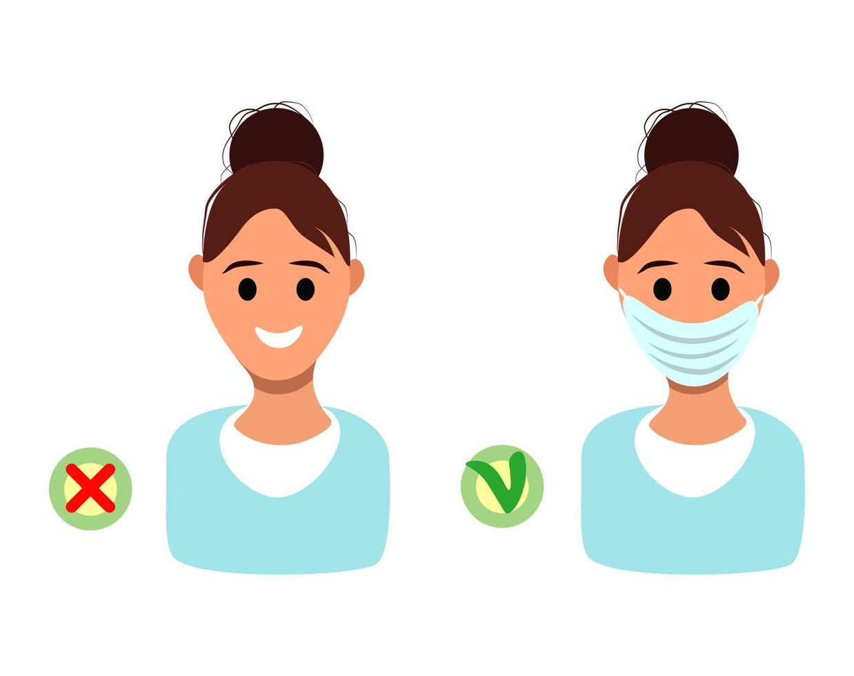 Woman character with and without wearing medical mask vector flat concept flu corona virus pandemic illustration