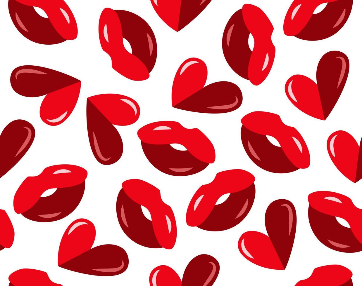 Romantic seamless vector pattern heart shape love kiss lips red isolated icon set cartoon flat romance valentines day background print template
