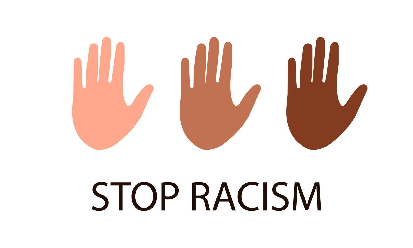 Stop racism banner card flat hand icons different skin colours community international human rights vector