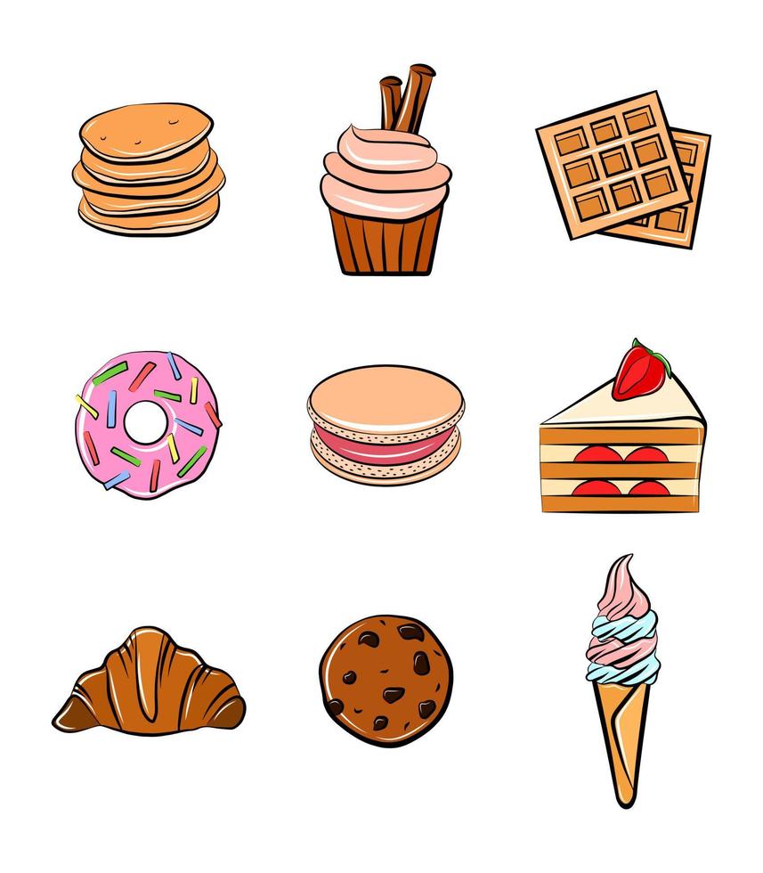 bombones iconos set vector ilustración aislado imágenes prediseñadas gráfico pegatina paquete dibujos animados estilo comida tartas waffle tortitas croissant helado donas galletas