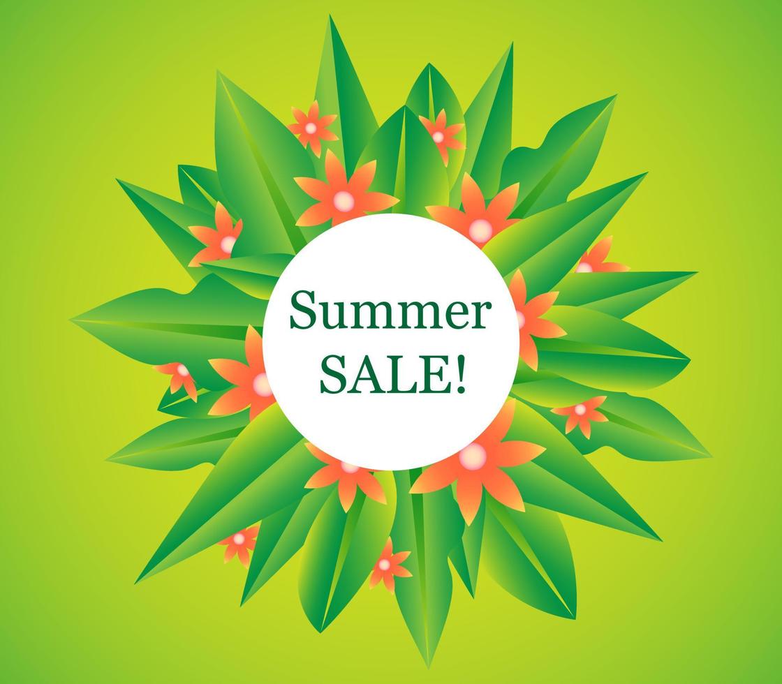 banner de venta de verano hojas de palma exóticas y marco de flores verde colorido ilustración vector fondo