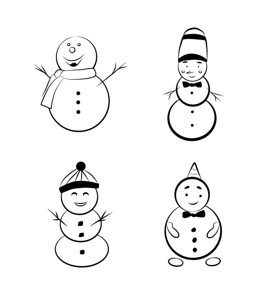 conjunto de iconos de vector de carácter de muñeco de nieve decoración gráfica dibujo de contorno de elemento gráfico. ilustración de la temporada de invierno. dibujo de boceto de contorno negro. plantilla de tarjeta de celebración de año nuevo.