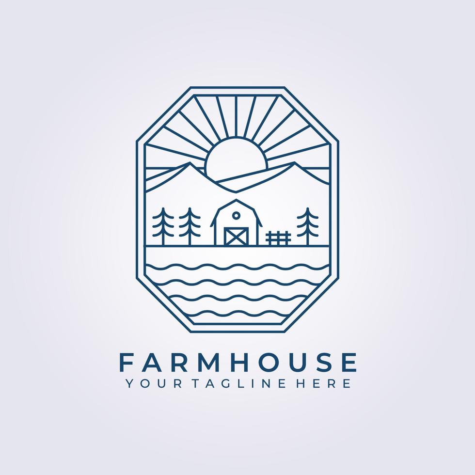 barn house evergreen farm land logo vector icon line art simple illustration design frame logo badge emblem