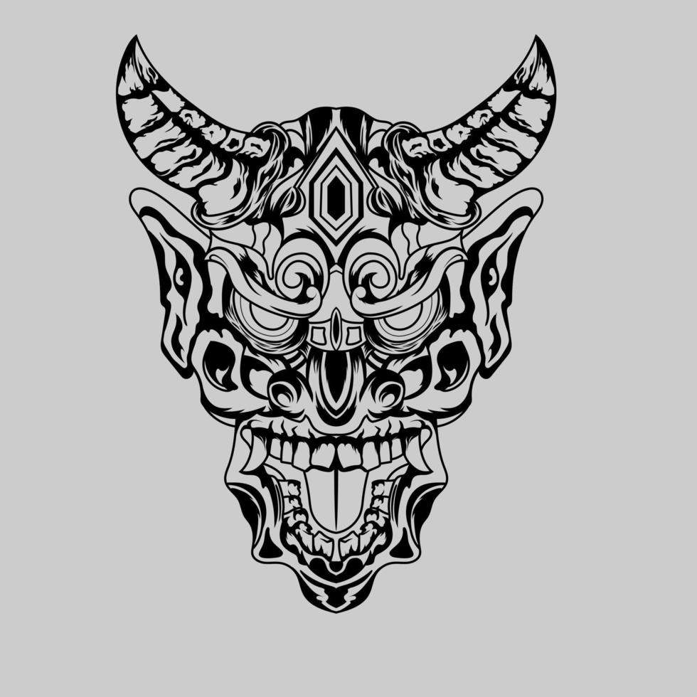 Hand drawn black and white tattoos artwork devil satan mask oni demon horn vector Illustration