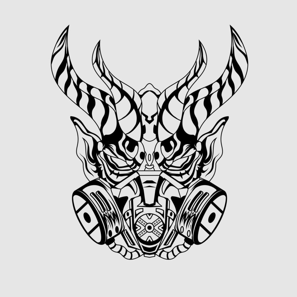 Hand drawn black and white tattoos artwork devil satan mask oni demon horn vector Illustration