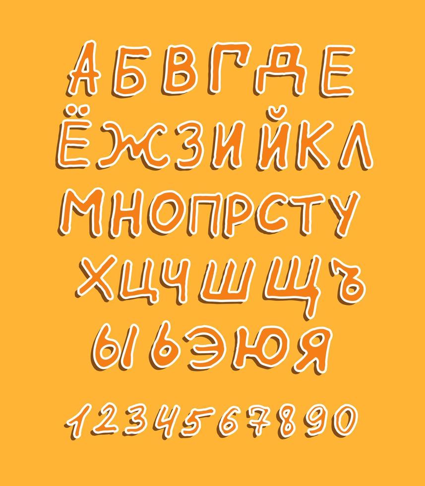 fuente del alfabeto ruso texto colorido letras y números abc para niños educación doodle plantilla dibujada a mano vector