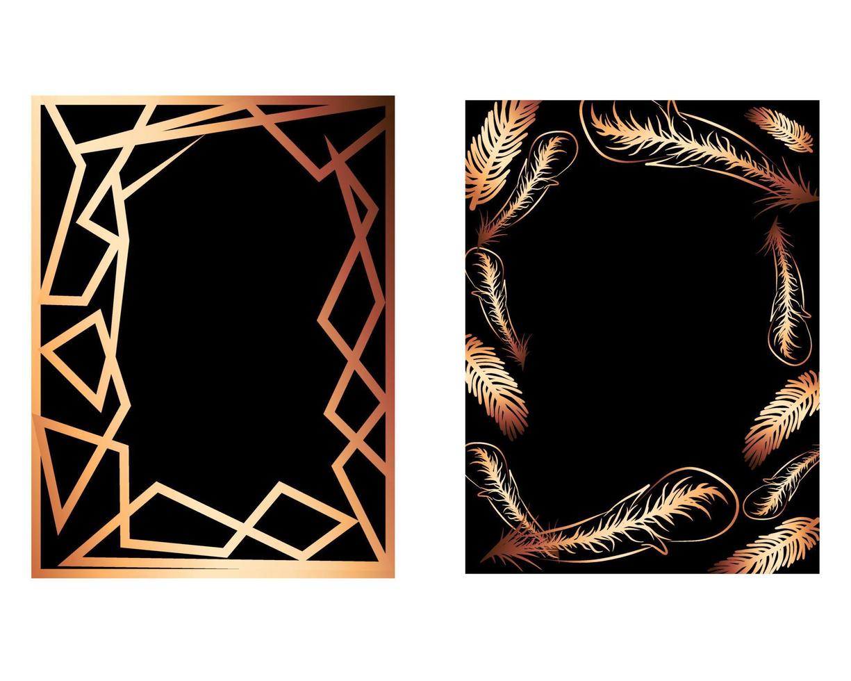 Luxury gold frame set feather and geometric greeting card wedding invitation template vector
