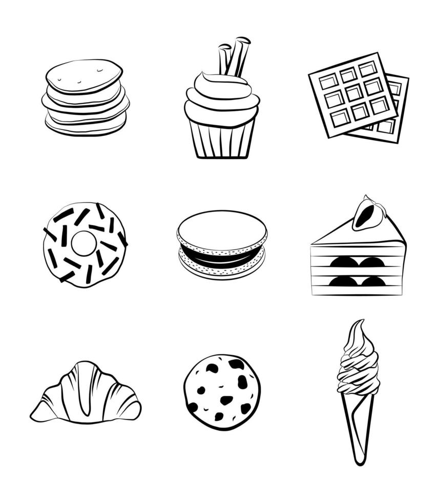 Sweets icon set vector graphic line art design element waffle, cake, pancake, cupcake, ice cream, donut, cookies, biscuit, macaroon, croissant breakfast tasty food emblem. Doodle black outline drawing