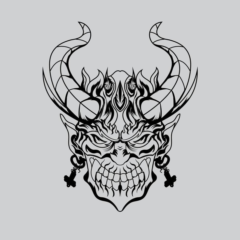 Hand drawn black and white tattoos artwork devil satan mask oni demon horn vector Illustration
