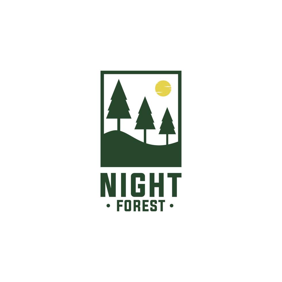 bosque nocturno. concepto de plantilla de logotipo simple de 3 pinos en una colina con una hermosa luna. ilustración vectorial vector