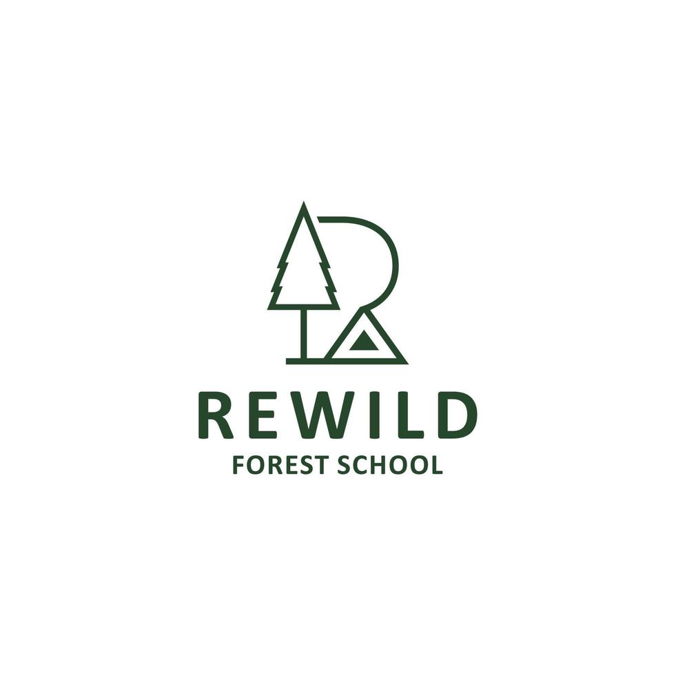 logotipo moderno de la escuela forestal rewild. con el concepto de los árboles, la naturaleza y el ambiente escolar de los niños, usando colores verdes frescos del bosque y un fondo blanco. ilustración vectorial vector