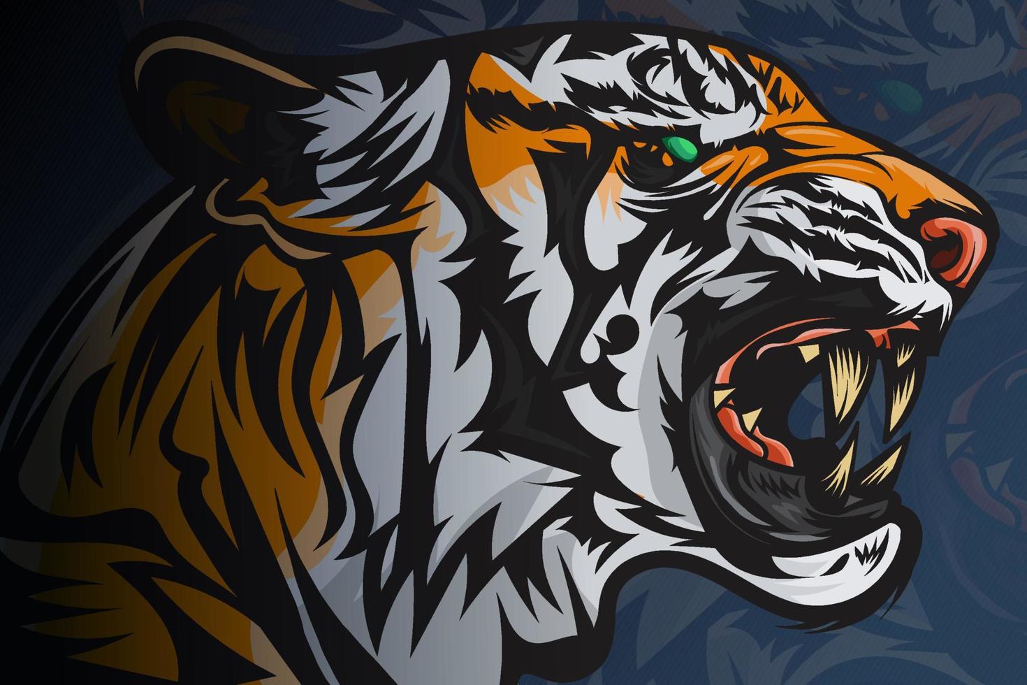 Angry tiger face. Tiger grin. Detailed image of a tiger. New 2022 symbol. Vector illustration isolated on dark  gradient color background.