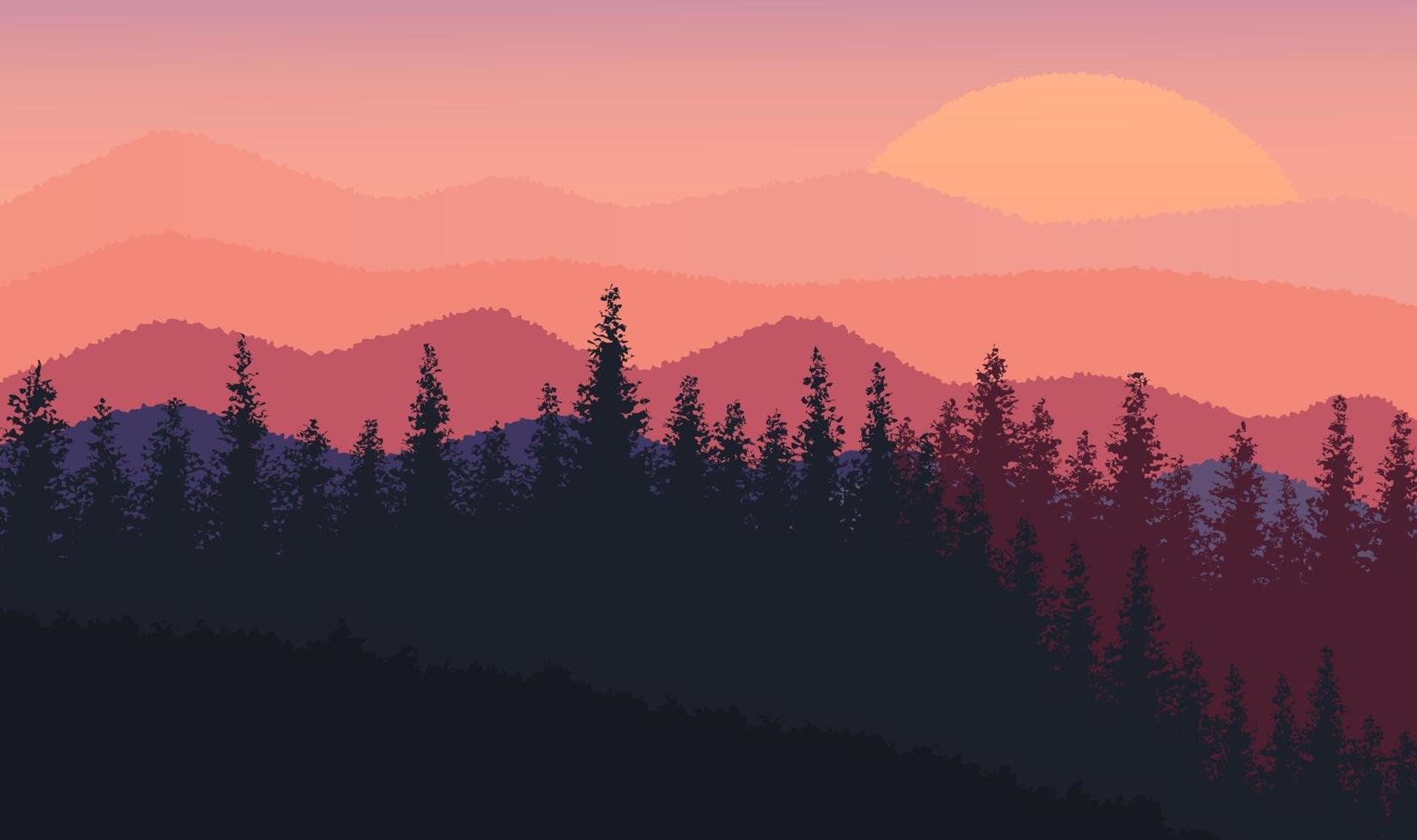 Evening landscape with mountains and forest. vector