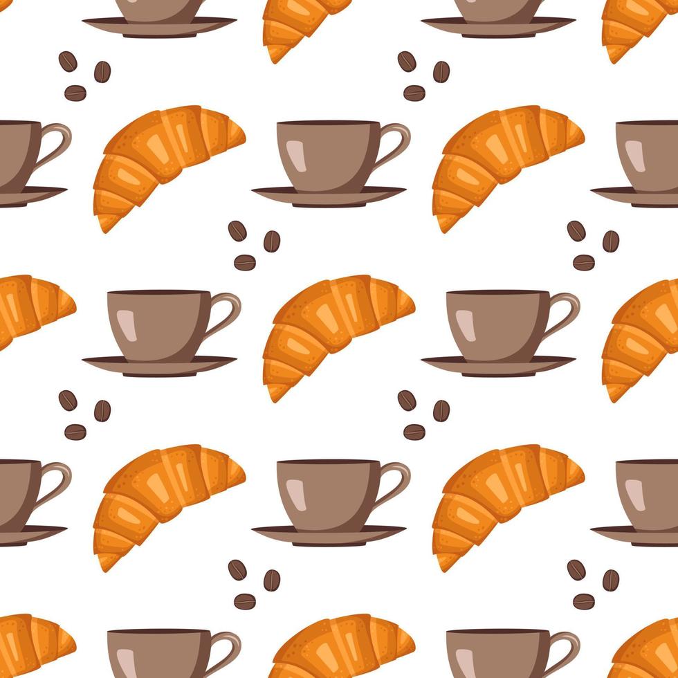 Seamless pattern with croissants, cups, saucers and coffee beans. Cute print with pastries and drinks for cafe and restaurant menus, textiles, paper and design. Vector flat illustration